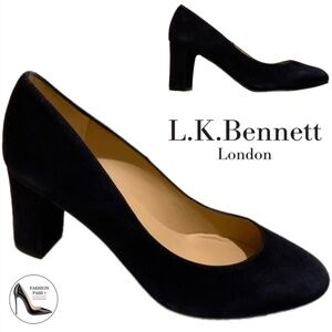LK Bennet Black Suede Leather Block Heel Almond toe Shoes Classic Pumps 36.5